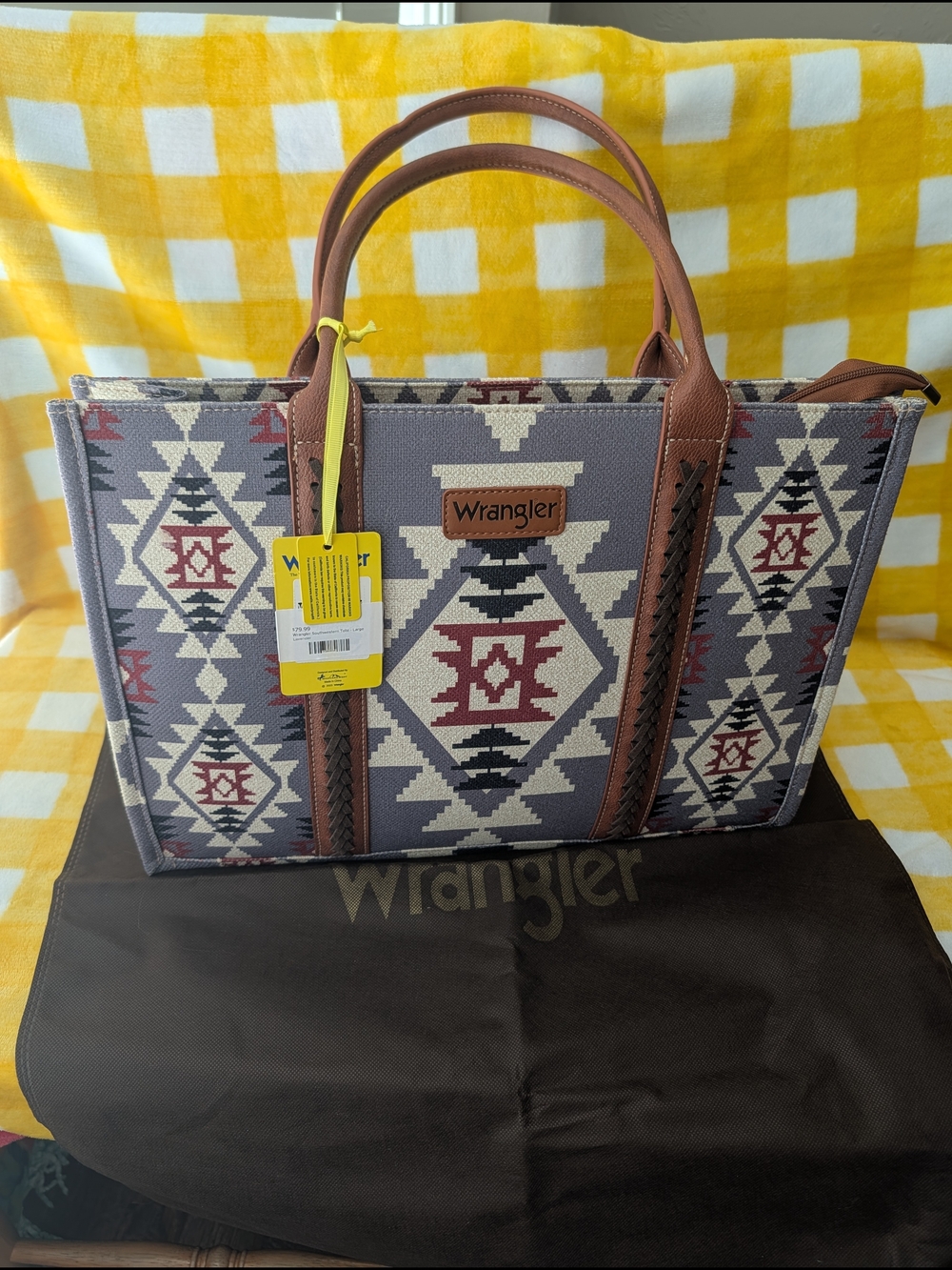 Wrangler Aztec-Print Tote Bag in Gray and Brown